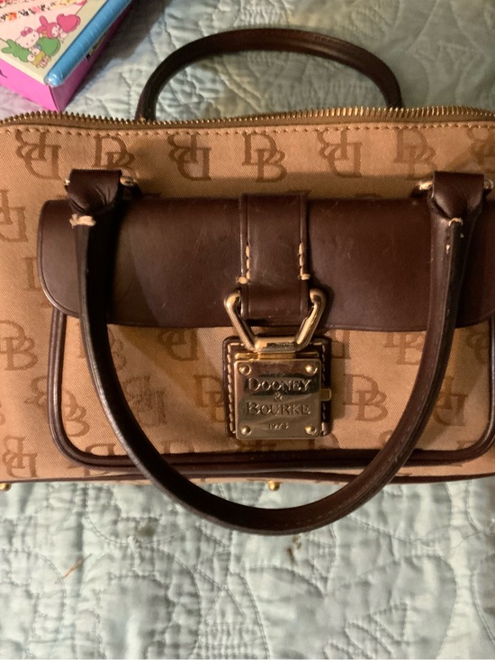 Dooney & Bourke Handbags - Dooney & Bourke Tan and Brown Logo Satchel with Gold Hardware